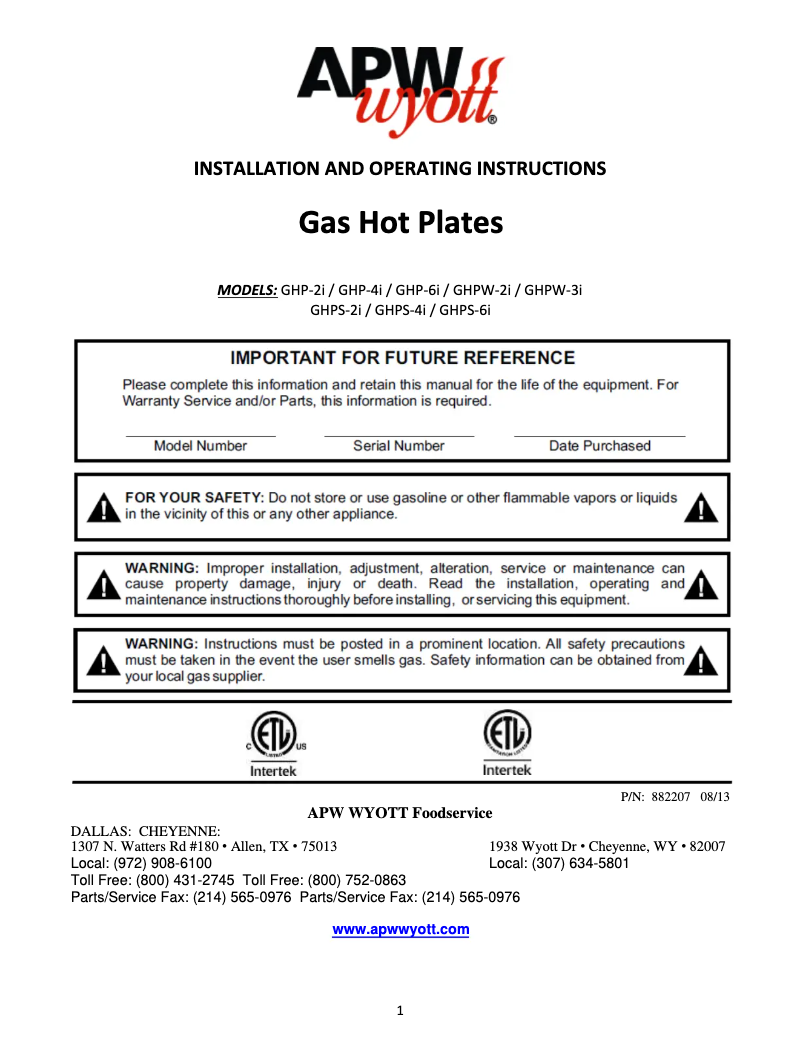 Page 1 de la notice Manuel utilisateur APW Wyott GHP-4I