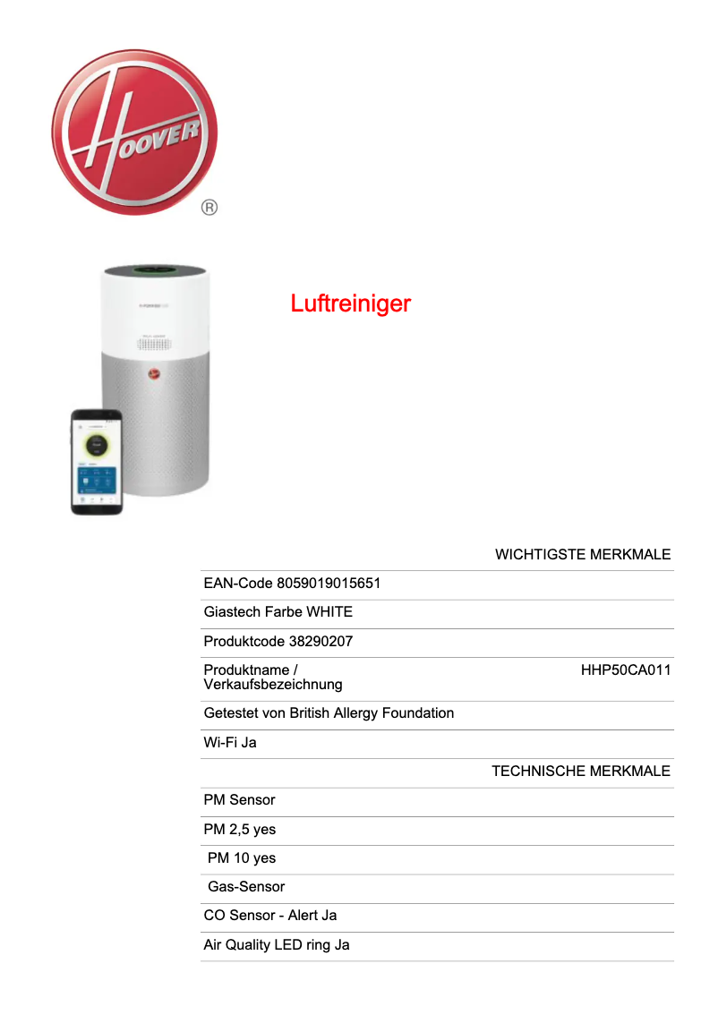 Página 1 del manual Ficha técnica Hoover H-PURIFIER 500