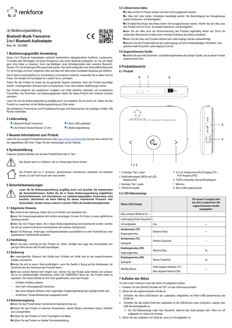 Page n°1 - Manuel utilisateur Renkforce RF-BTR-150