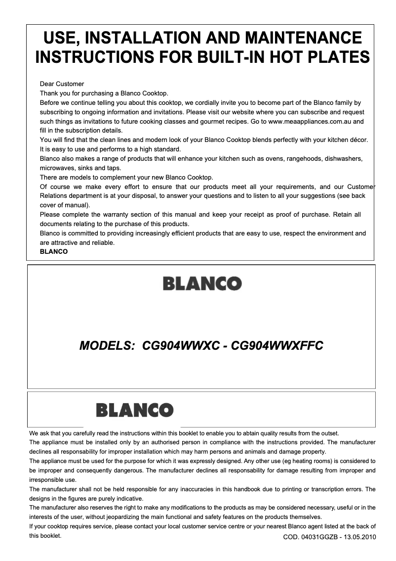 Page 1 de la notice Manuel utilisateur BLANCO CG904WWXFFC