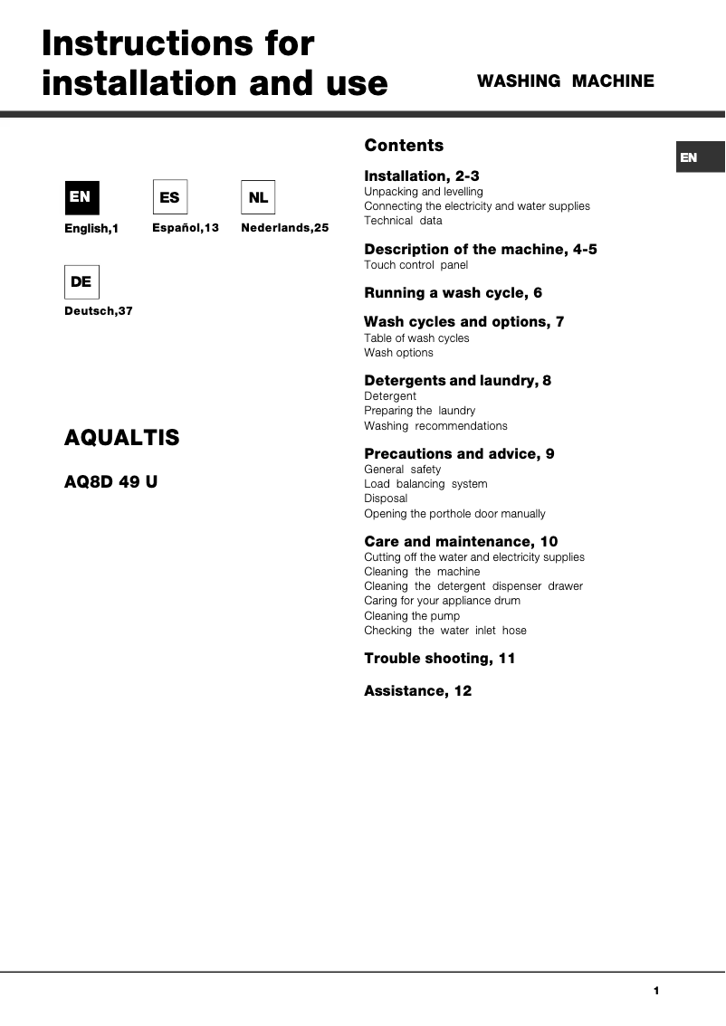 Page n°1 - Manuel utilisateur Hotpoint Aqualtis AQ8D 49 U