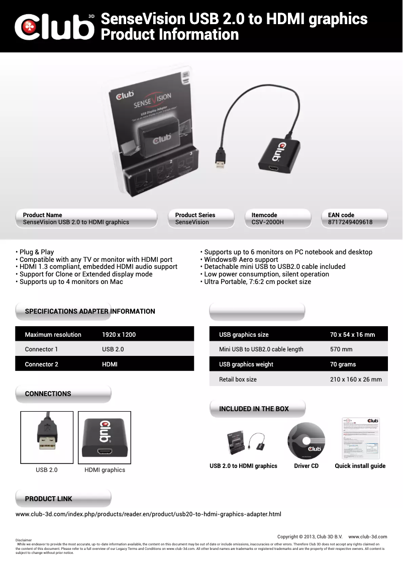 Page n°1 - Manuel utilisateur CLUB3D SenseVision USB2.0 to HDMI Graphics Adapter