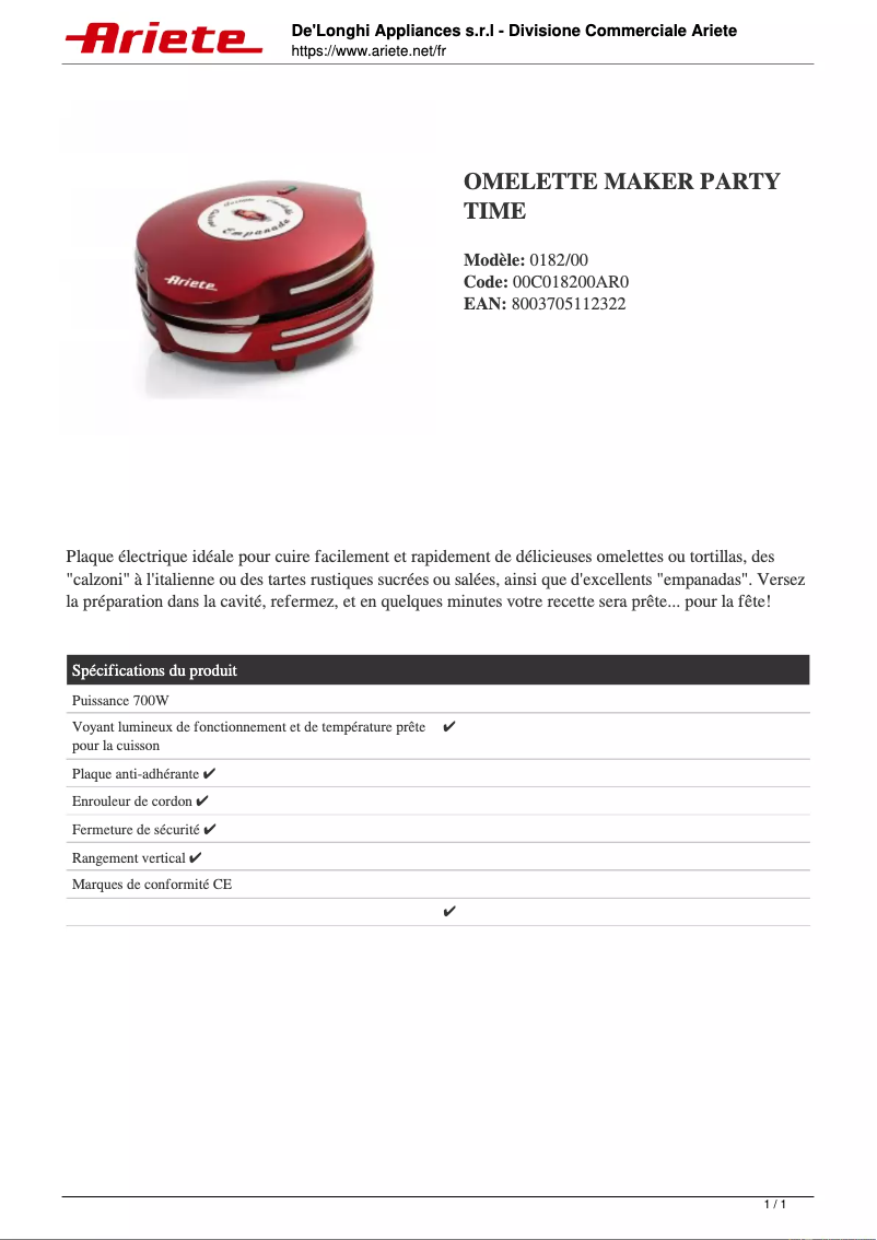 Page n°1 - Fiche technique Ariete Omelette Maker Party Time 0182