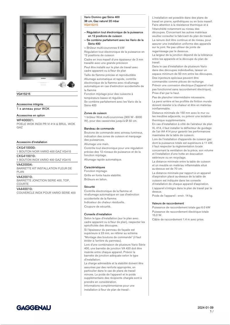 Page 1 de la notice Fiche technique Gaggenau VG415215