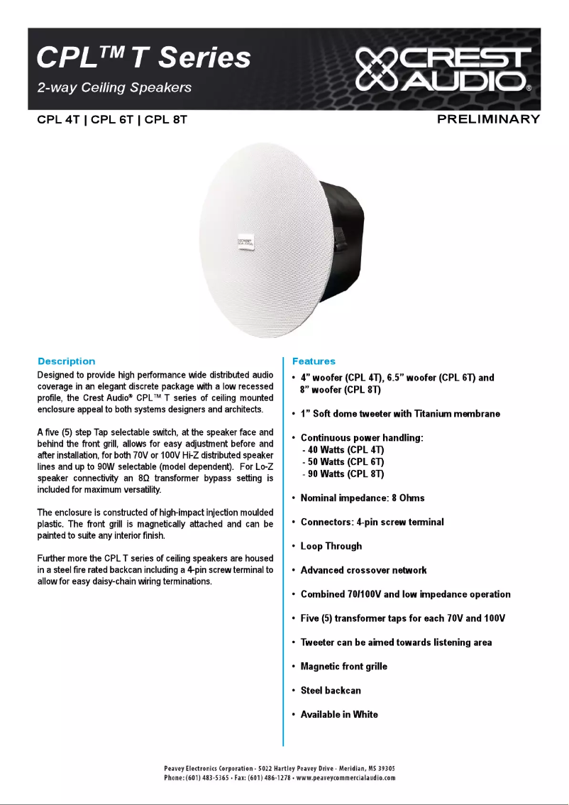 Page 1 de la notice Fiche technique Crest Audio CPL 8T