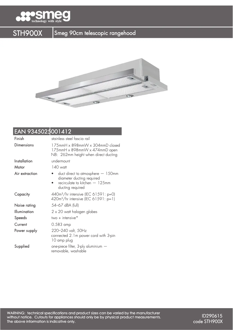 Page n°1 - Fiche technique Smeg STH900X