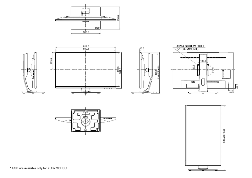 Page 1 de la notice Dessin technique Iiyama ProLite XUB2793HSU
