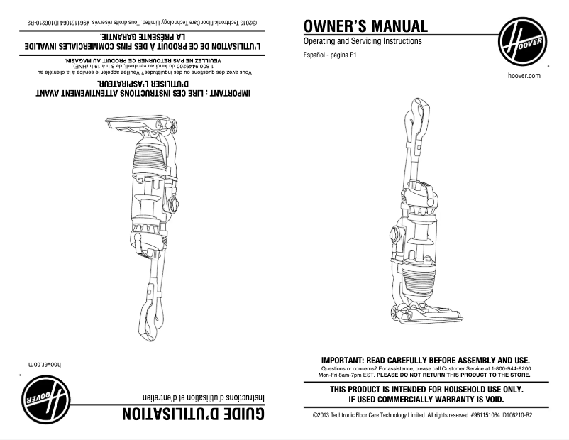 Page 1 de la notice Manuel d'utilisation et d'entretien Hoover Air Pro UH72450
