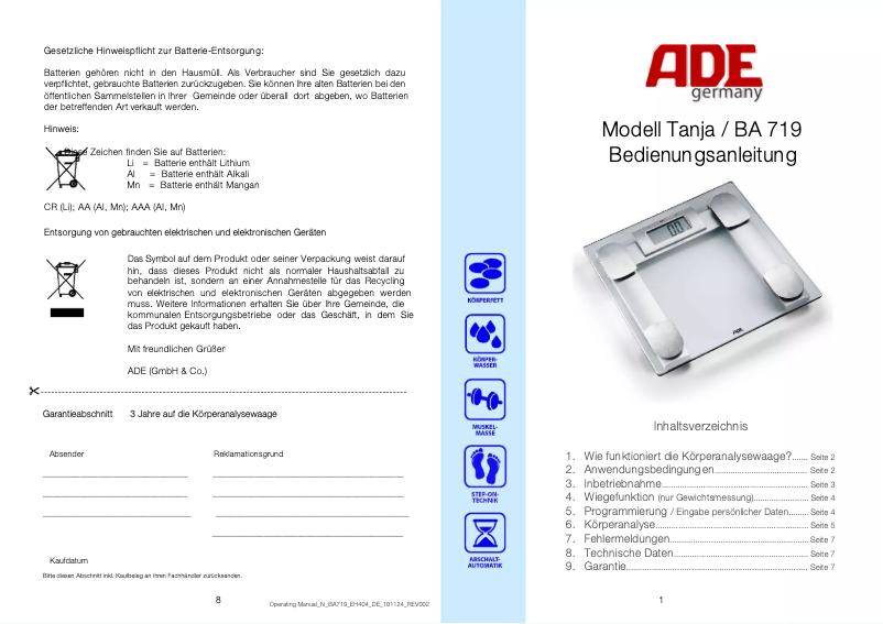 Page 1 de la notice Manuel utilisateur ADE Tanja BA 719