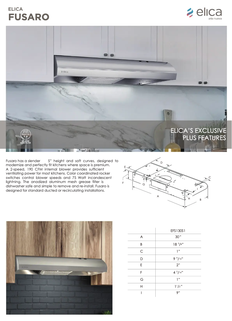 Page 1 de la notice Fiche technique Elica Fusaro EFS130SS