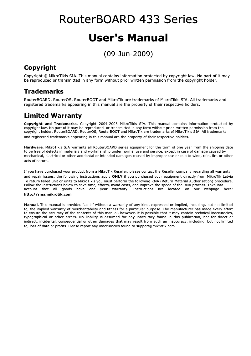 Page 1 of the manual User Manual Mikrotik RB433AH