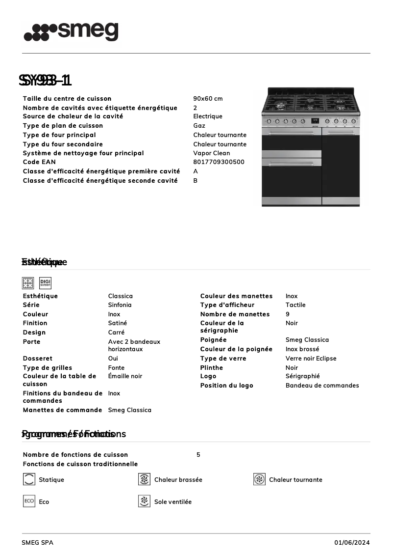 Page 1 de la notice Fiche technique Smeg SY93-1