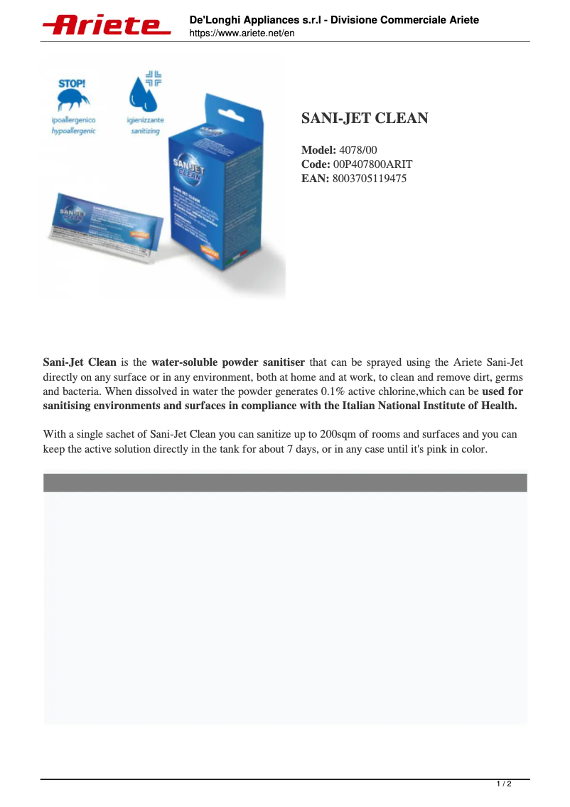 Page 1 de la notice Manuel utilisateur Ariete Sani-Jet Clean 4078