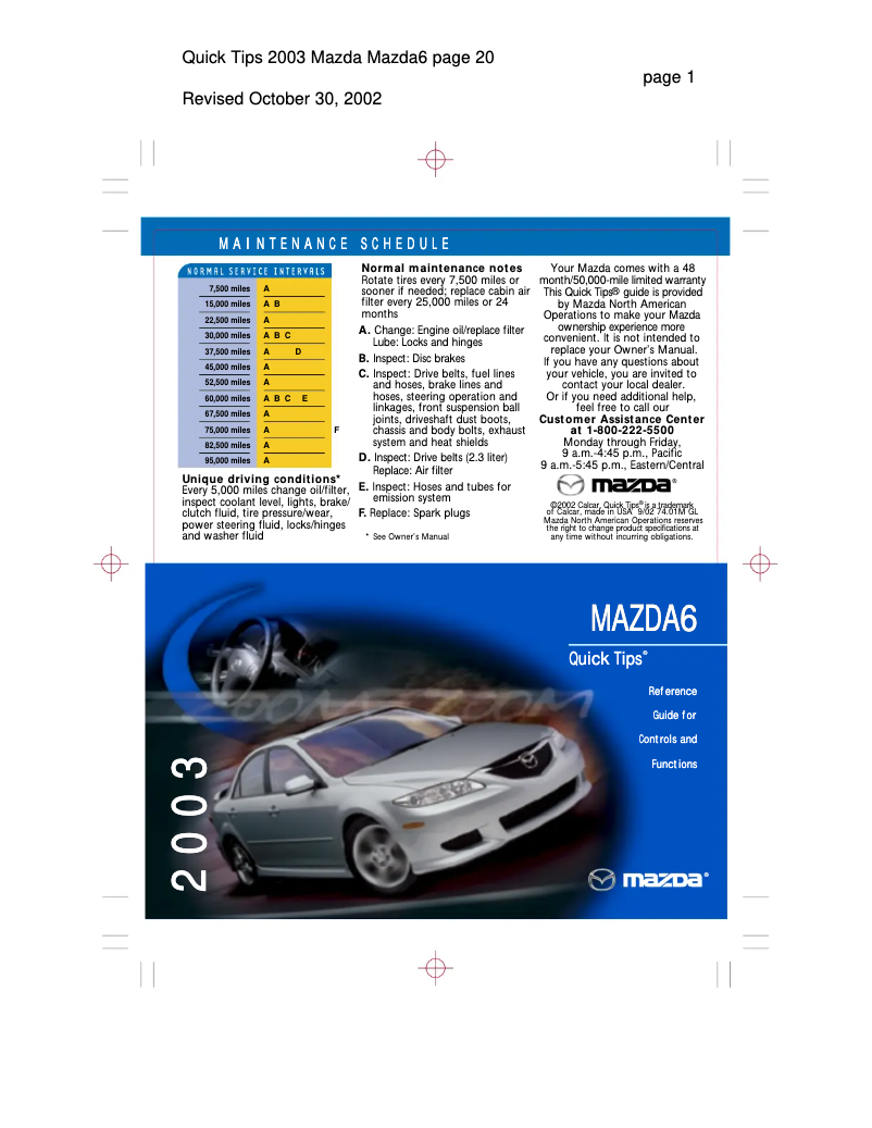 Page 1 de la notice Manuel utilisateur Mazda 6 (2003)