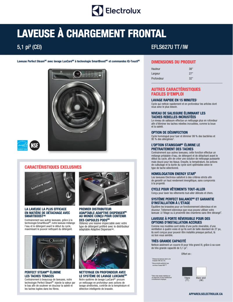 Page 1 de la notice Fiche technique Electrolux EFLS627UTT