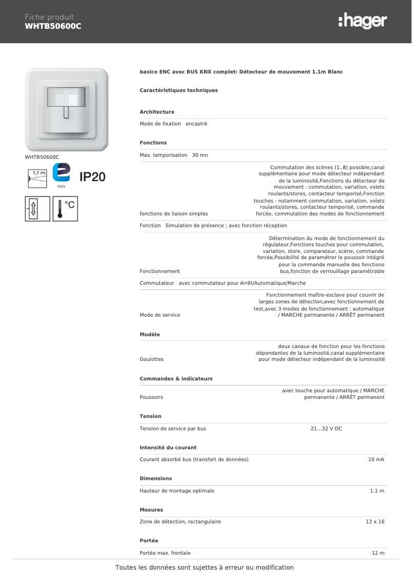 Page 1 de la notice Fiche technique Hager WHTB50600C