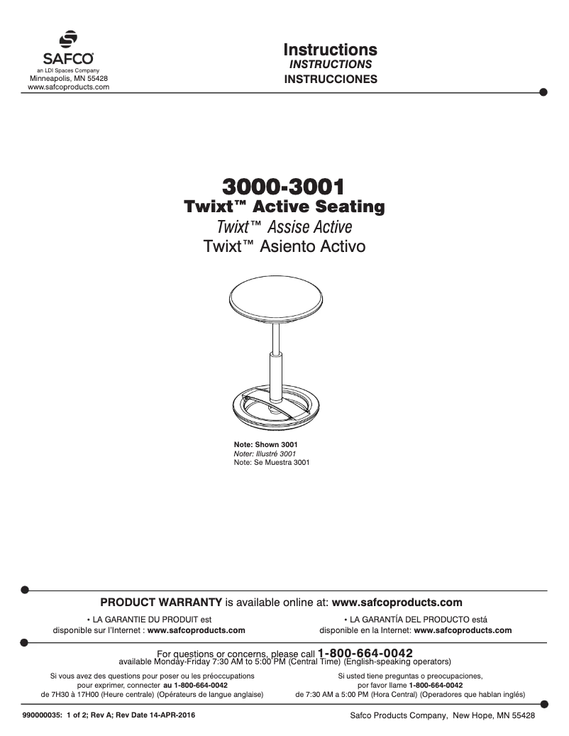 Page n°1 - Manuel utilisateur Safco Twixt 3001