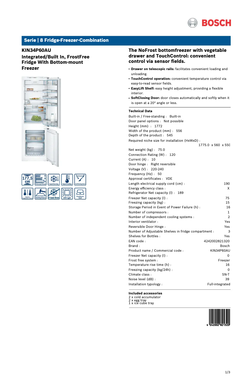 Page 1 de la notice Fiche technique Bosch KIN34P60