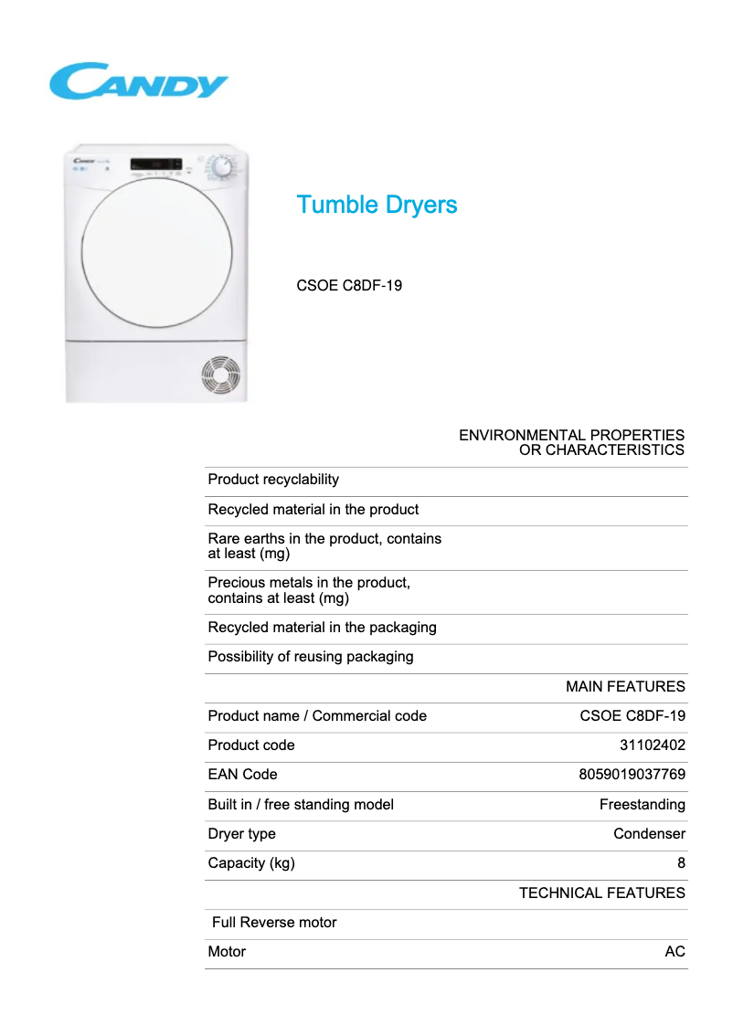 Page 1 de la notice Fiche technique Candy CSOE C8DF-19