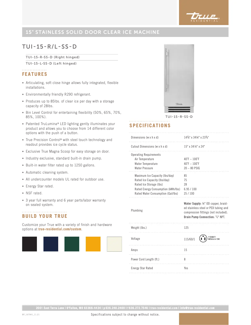 Page 1 de la notice Fiche technique True TUI-15-R-SS-D