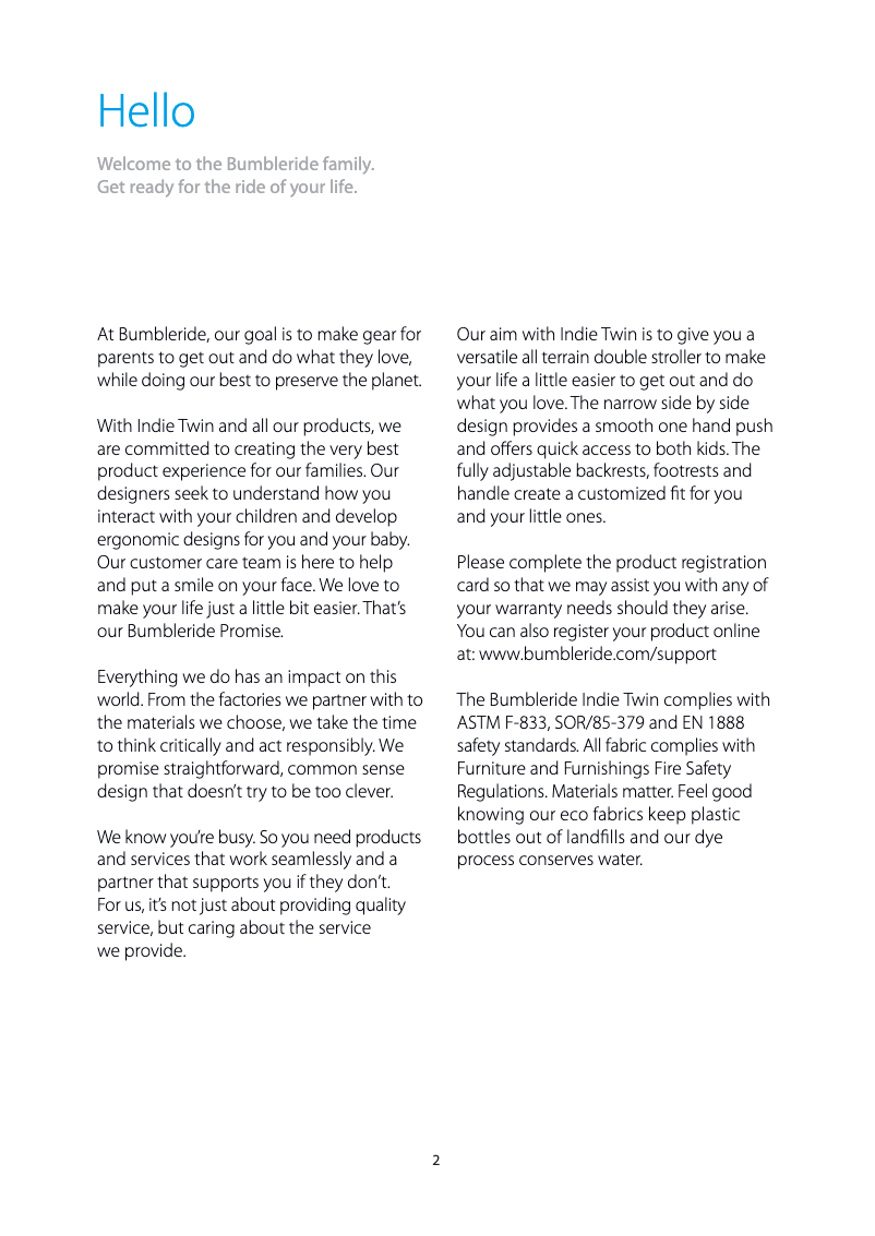 Page 1 de la notice Manuel utilisateur Bumbleride Indie Twin (2016)