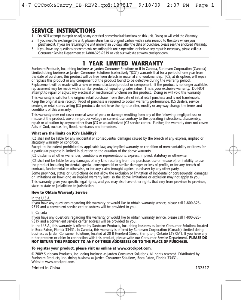 Page 1 de la notice Manuel utilisateur Crock-Pot Cook & Carry SCCPVL600-S