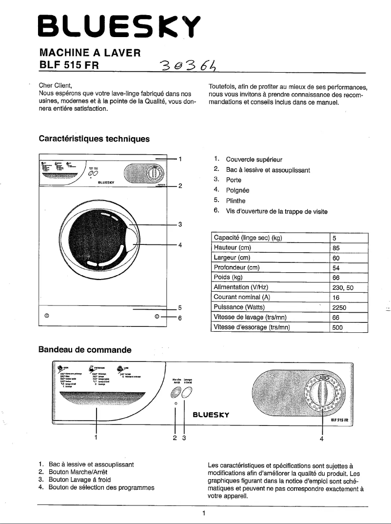 Page n°1 - Manuel utilisateur Bluesky BLF 515 FR