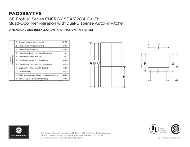 Page n°1 - Fiche technique GE PAD28BYTFS