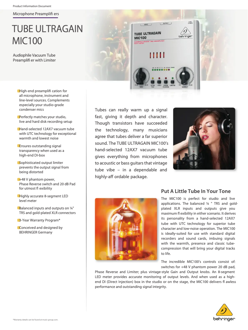 Page n°1 - Fiche technique Behringer Tube Ultragain MIC100