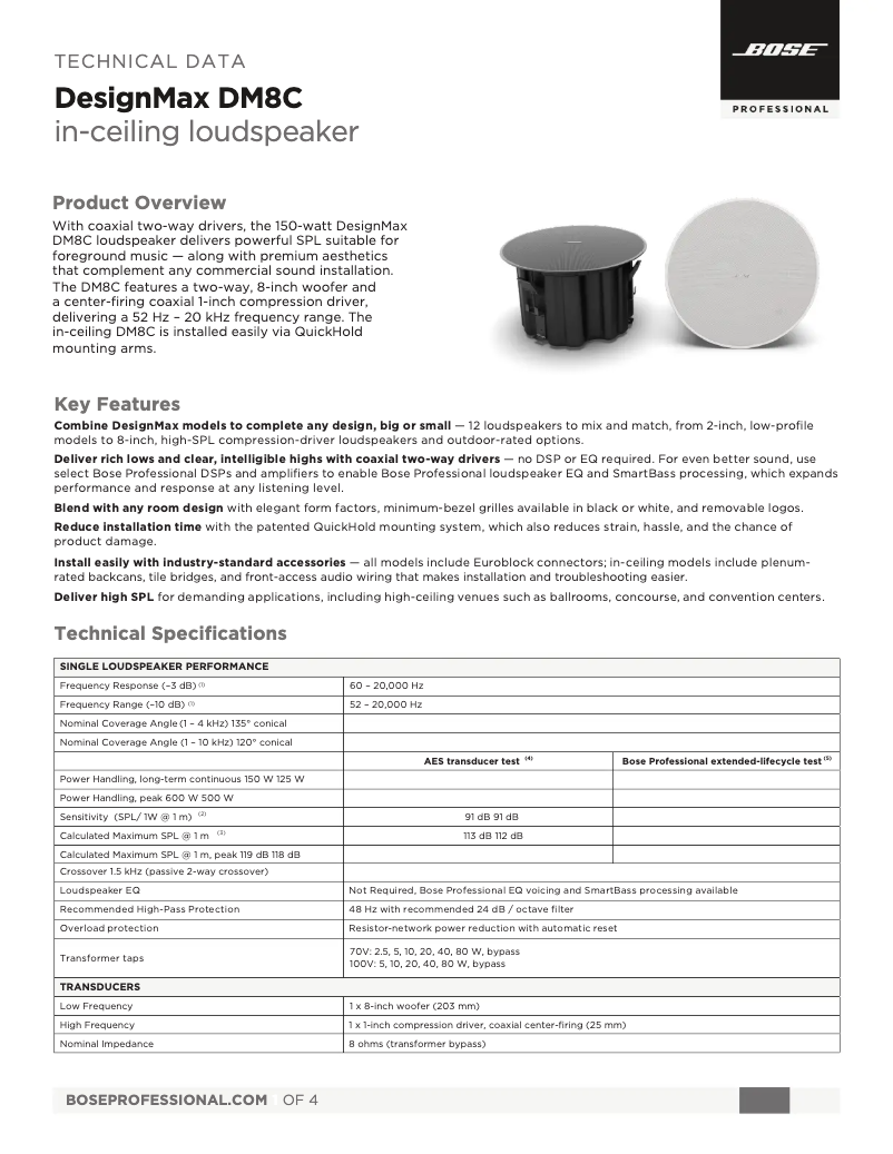 Page 1 de la notice Fiche technique Bose DesignMax DM8C