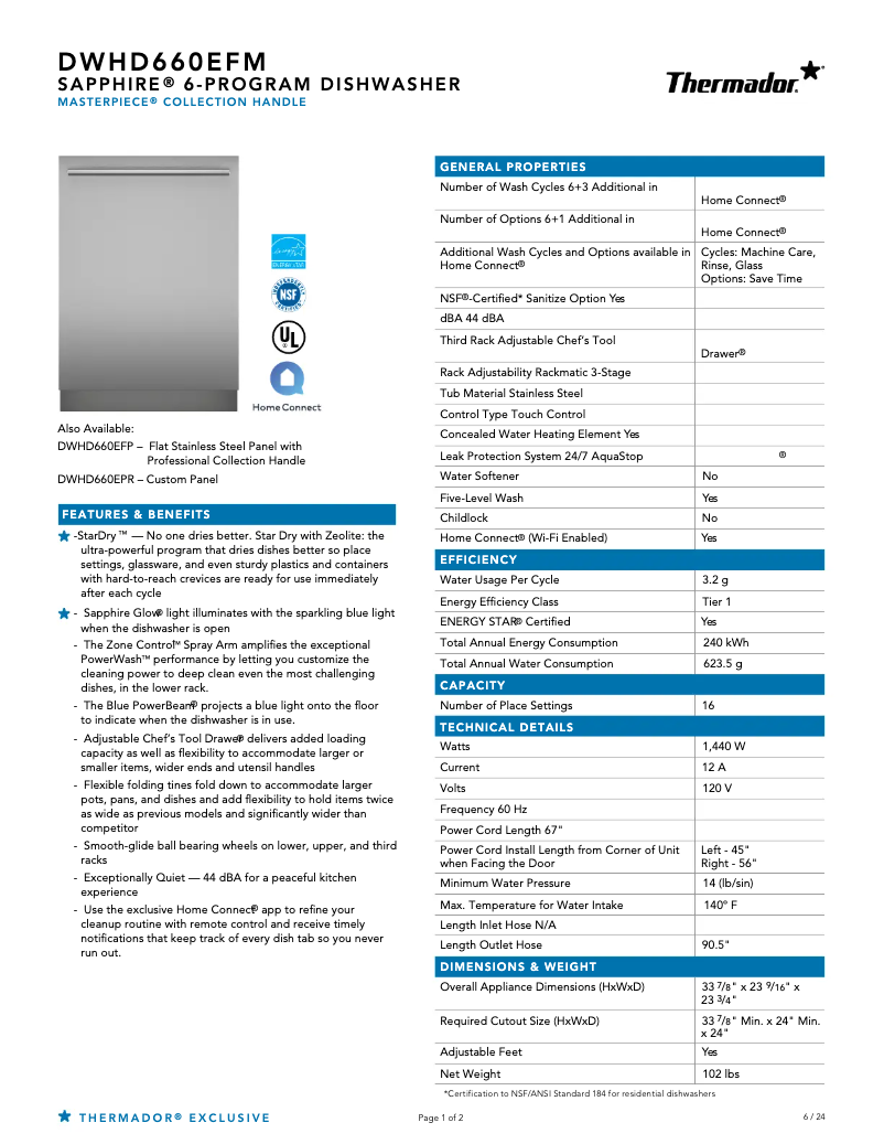 Page 1 de la notice Fiche technique Thermador DWHD660EFM