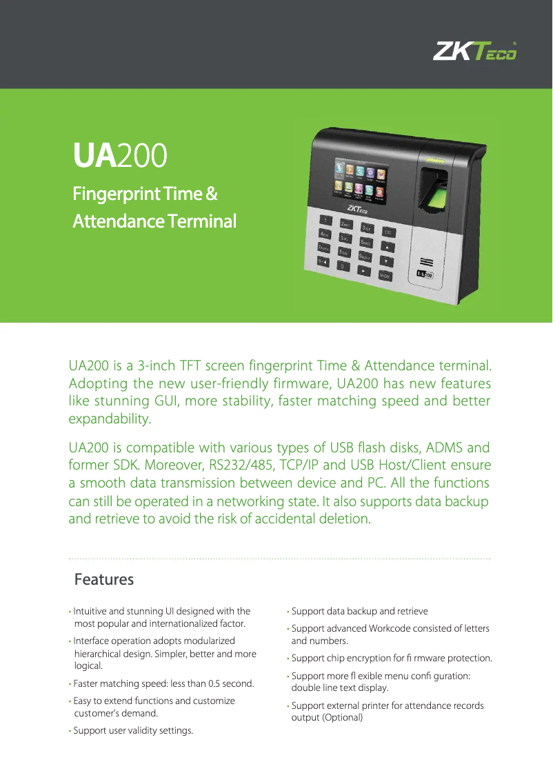 Page 1 de la notice Fiche technique ZKTeco UA200