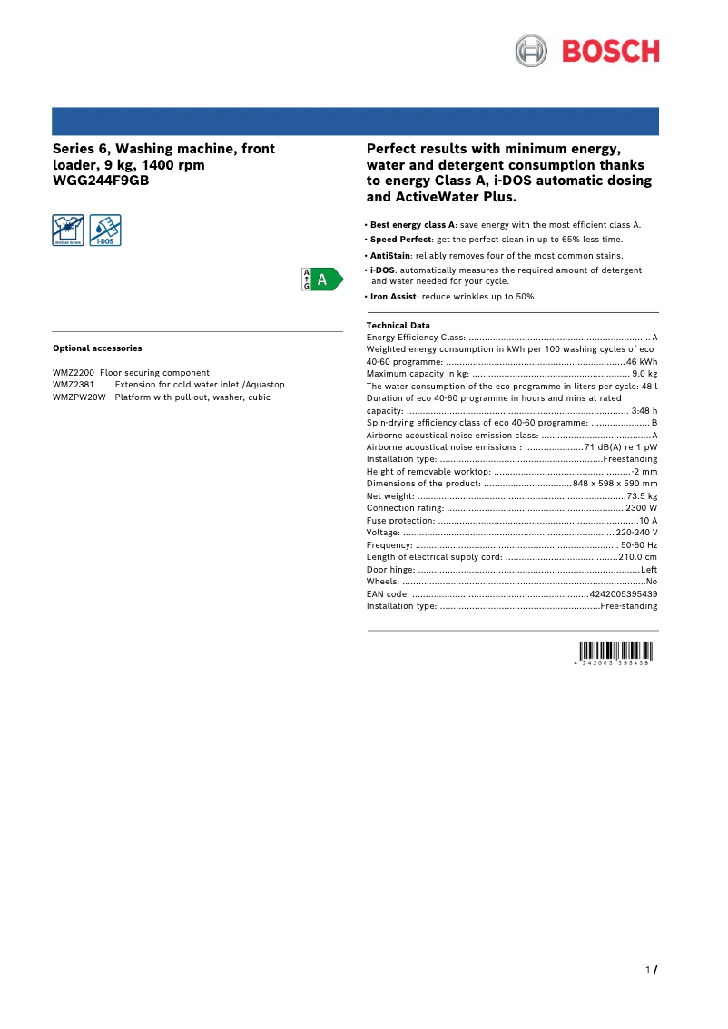 Image de la première page du manuel de l'appareil WGG244F9GB