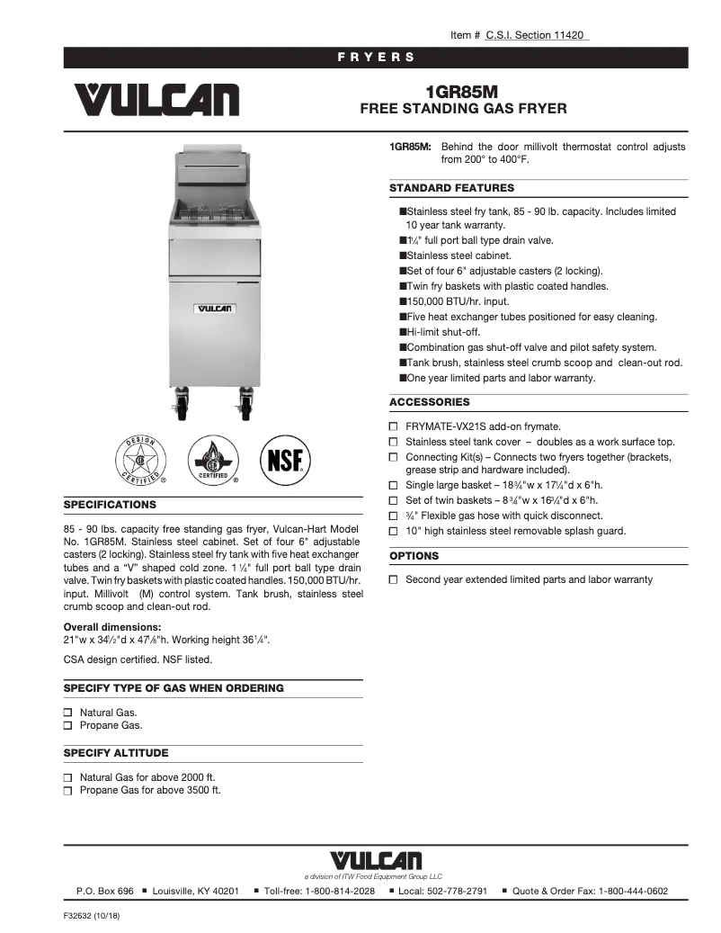 Page 1 de la notice Fiche technique Vulcan GR85