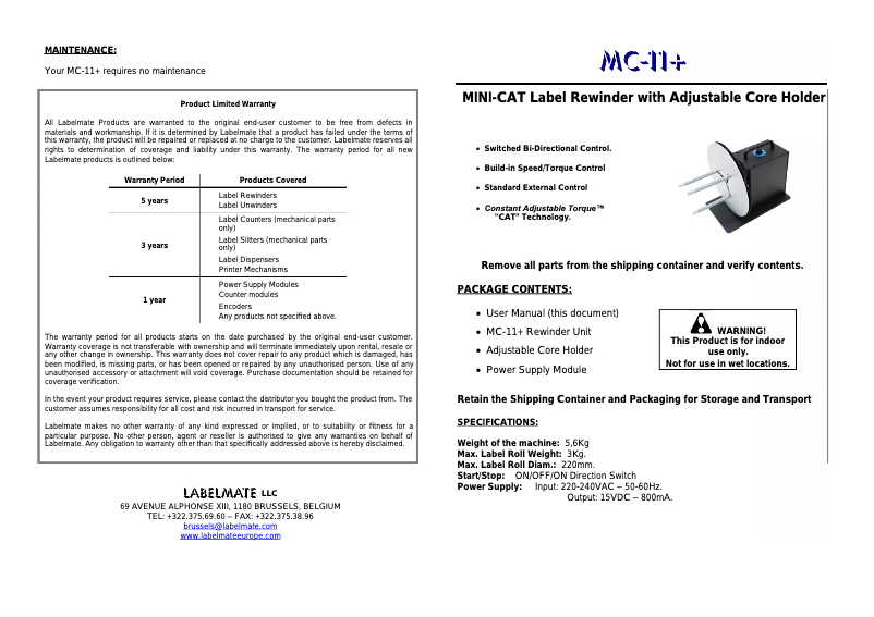 Page 1 de la notice Manuel utilisateur Labelmate MC-11+