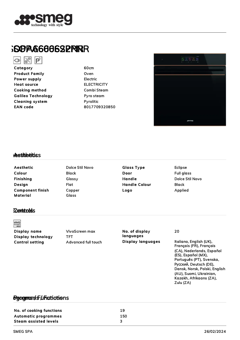 Página 1 del manual Ficha técnica Smeg SOPA6606S2PNR