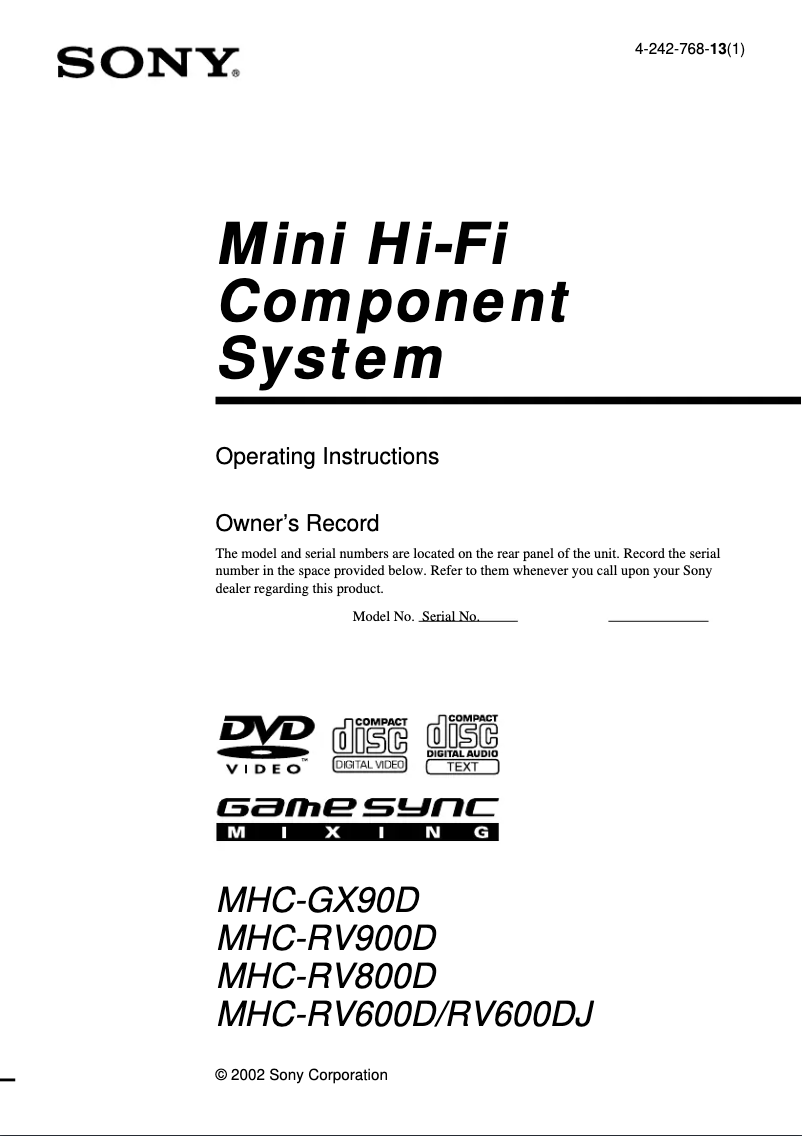 Page n°1 - Manuel utilisateur Sony MHC-RV600DJ