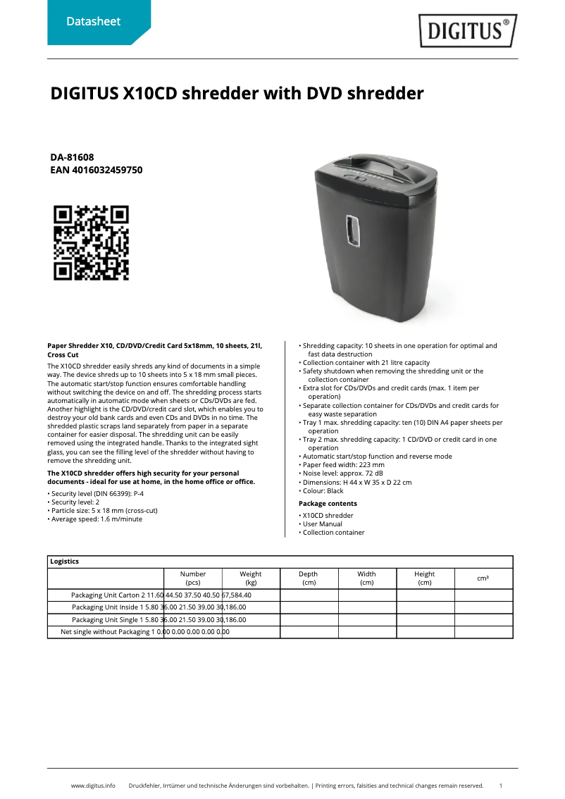 Page 1 de la notice Fiche technique Digitus DA-81608