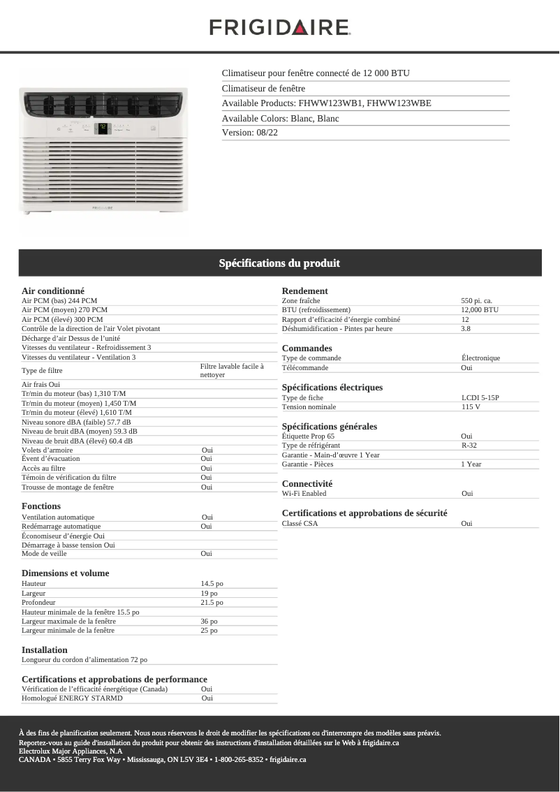 Page n°1 - Fiche technique Frigidaire FHWW123WBE