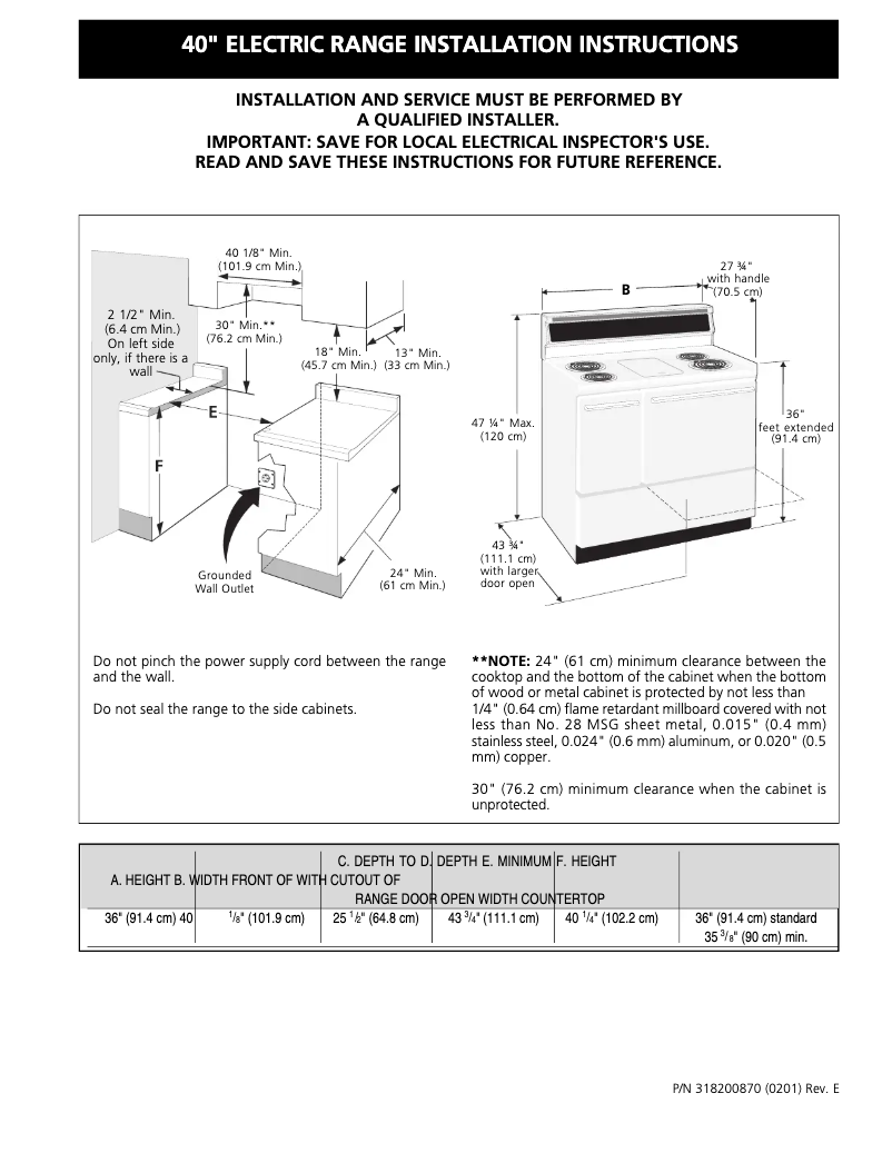 Page n°1 - Guide d'installation Frigidaire FEF450BW