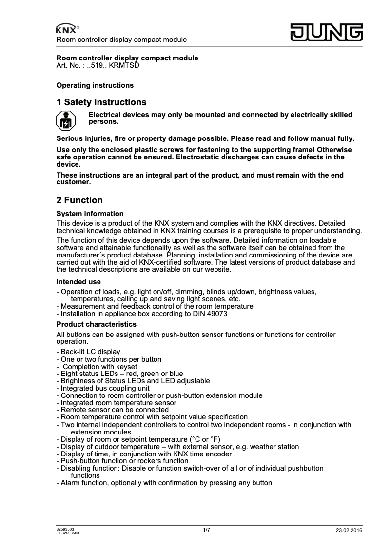 Page n°1 - Manuel utilisateur JUNG LS 5192 KRM TS D
