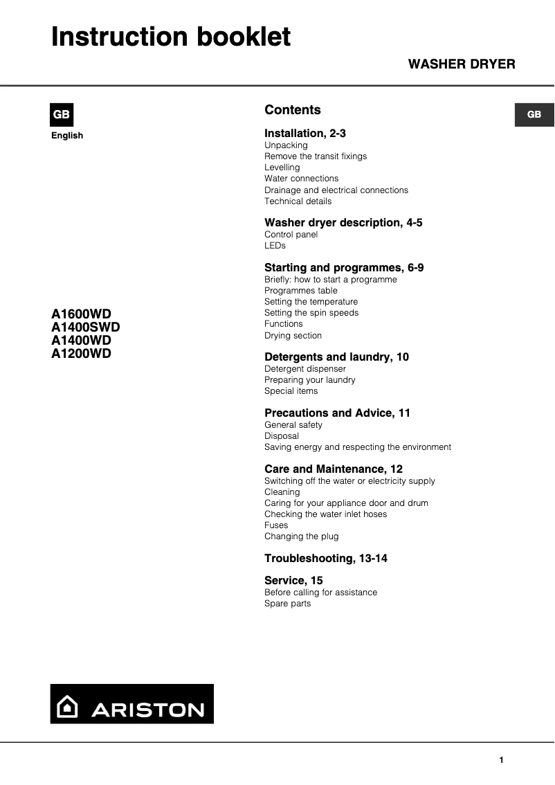 Image de la première page du manuel de l'appareil A1400SWD