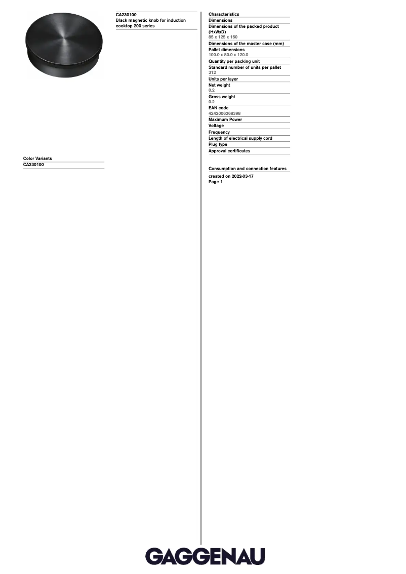 Page 1 de la notice Manuel utilisateur Gaggenau CA230100