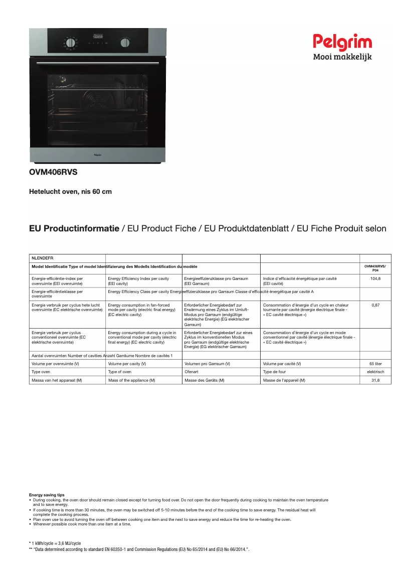 Page 1 de la notice Fiche technique Pelgrim OVM406