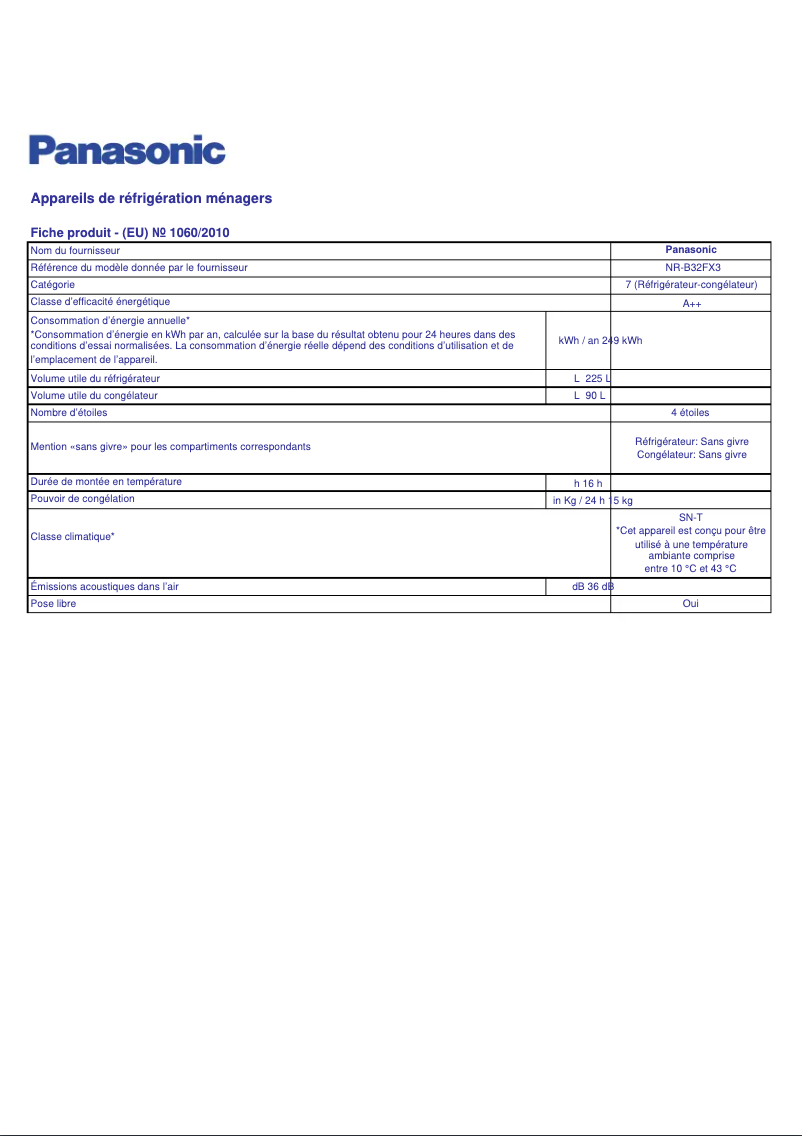 Page 1 de la notice Fiche technique Panasonic NR-B32FX3