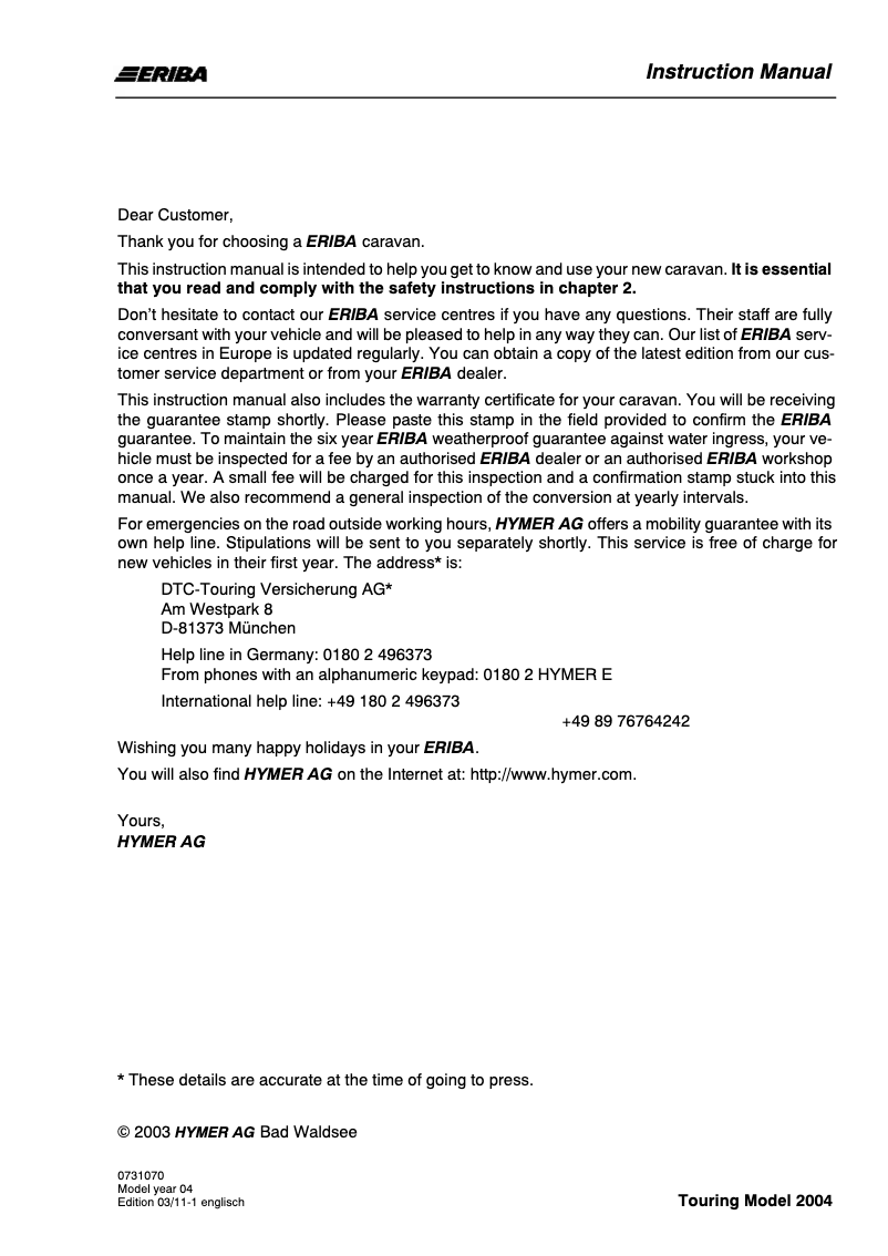 Page 1 de la notice Manuel utilisateur Eriba Triton 410 GT (2004)