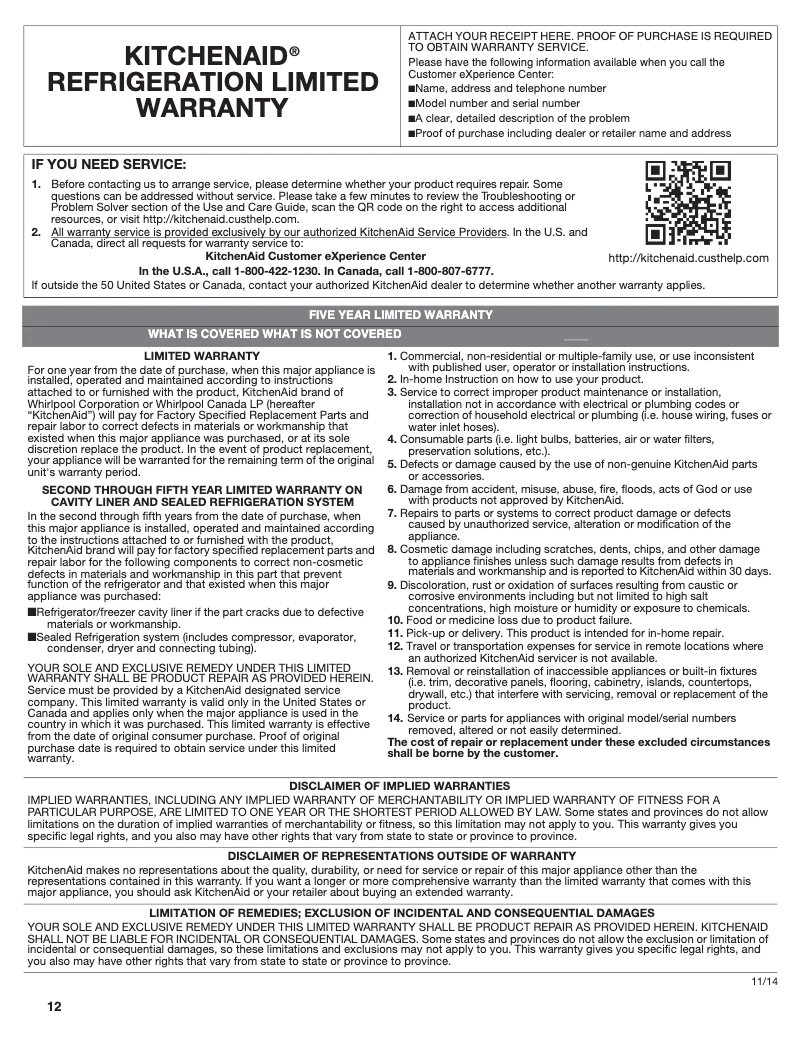 Page 1 de la notice Informations de garantie KitchenAid KUWR304ESS