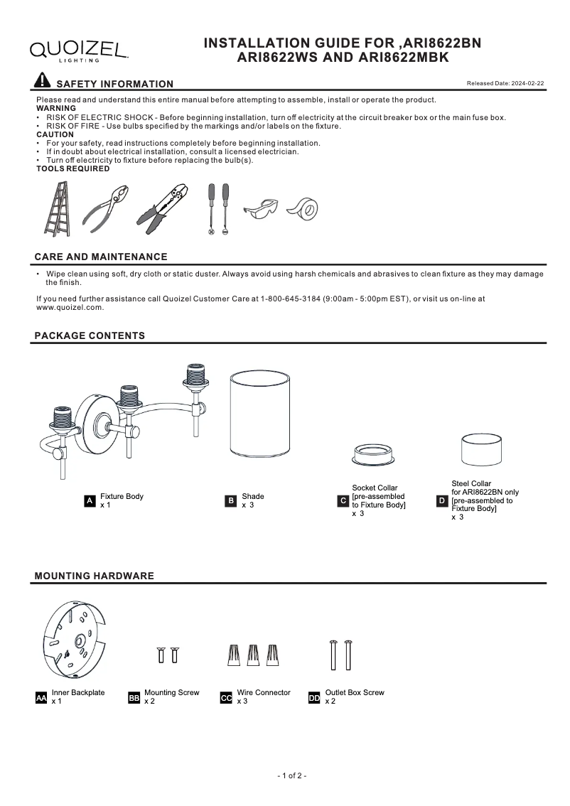 Page n°1 - Manuel utilisateur Quoizel Aria ARI8622MBK