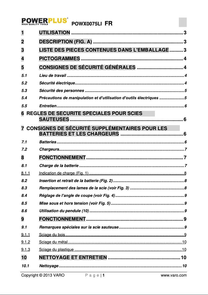 Page 1 de la notice Manuel utilisateur PowerPlus POWX0075LI