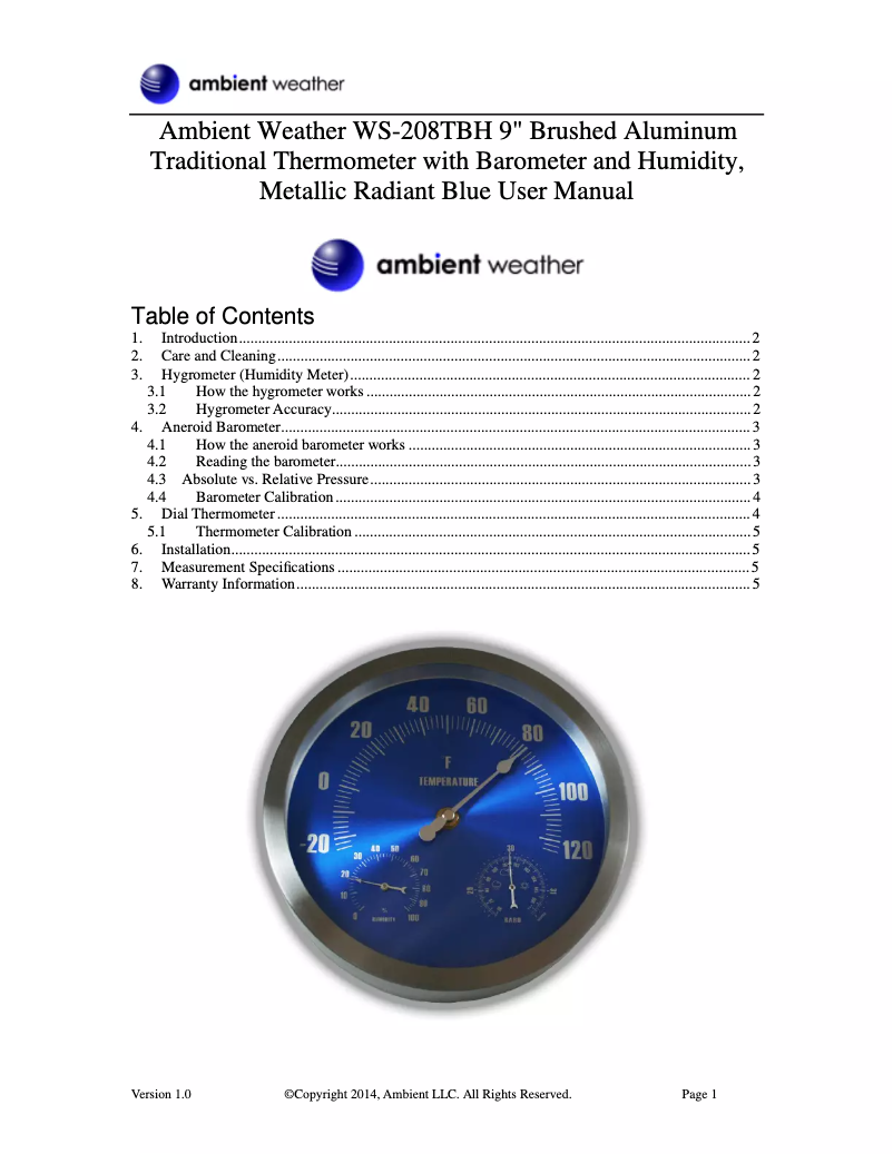 Page 1 de la notice Manuel utilisateur Ambient Weather WS-208TBH